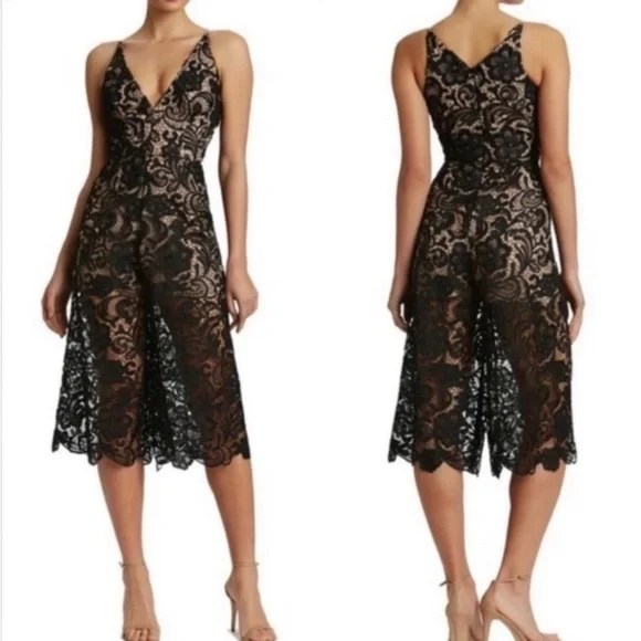 DRESS THE POPULATION Marion Crochet Lace Culotte Romper Black Nude